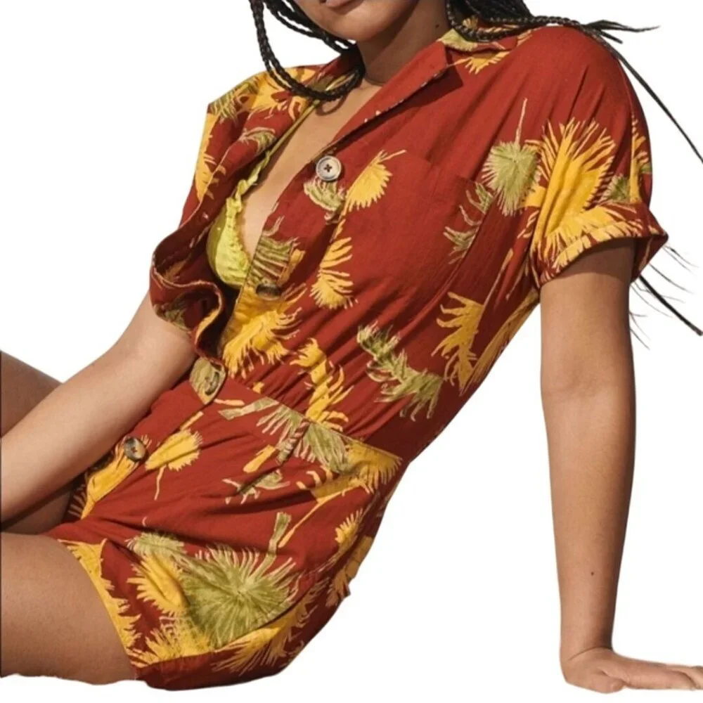 Free People Malibu Romper Button Front Pockets Sustainable Cotton Size M